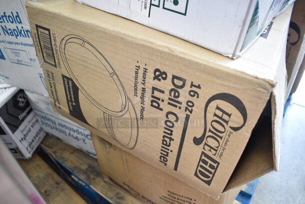 PALLET LOT of 34 BRAND NEW Boxes Including 105GC36321 Choice 1 Part Green and White Guest Check with Bottom Guest Receipt - 50/Case, 176WDBASE Acopa Wood Stand for Glass Beverage Dispensers, 2 Box 394365L Noble Large Gloves, 3 Box 128HD16COMBO ChoiceHD 16 oz. Microwavable Translucent Plastic Deli Container and Lid Combo Pack - 240/Case, 500TW7 Choice 7 oz. Translucent Thin Wall Plastic Cold Cup - 2500/Case, 760PCC03W Choice 3 oz. White Poly Paper Cold Cup - 5000/Case, 2 Box 500MFT Lavex White M-Fold (Multifold) Towel - 4000/Case, 177KNIFESHRP Galaxy KNIFESHRP 2-Stage Standard-Duty Electric Knife Sharpener, 127CH24 Choice 24 oz. Clear RPET Hinged Deli Container - 200/Case, 500CC10 Choice 10 oz. Clear PET Plastic Cold Cup - 1000/Case, 322UF4911 Noble Products 3" Use First Removable Round Label with Dispenser Carton - 500/Roll, 129MCS38B Choice 38 oz. Black Rectangular Microwavable Heavy Weight Container with Lid 8 3/4" x 6 1/4" x 2" - 150/Case, 347RPBD9WHSV Visions 9" White Plastic Plate with Silver Bands - 120/Case, 394345XL Noble NexGen Powder-Free Disposable Black Hybrid 3 Mil Thick Gloves - 1000/Case. 34 Times Your Bid!  - Image 3 of 12