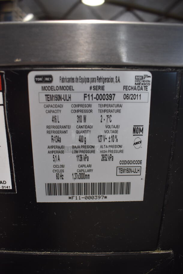 2011 Model Torrey TEM150N-ULH Commercial Floor Style Electric Powered Glass Front in Black With Stainless Steel Adjustable Shelves Deli Case Model. 127V. Tested And Powers On But Does Not Get Cold - Image 7 of 8