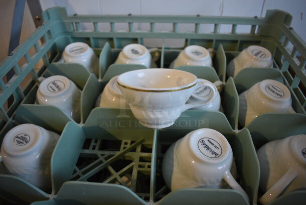 ALL ONE MONEY! Lot of 158 White Ceramic Mugs, 10 Green Dish Caddies and Dish Caddy Dolly! 5x4x2.5