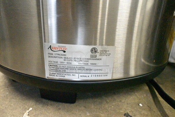 BRAND NEW SCRATCH AND DENT! Avantco 177RCSA60 60 Cup (30 Cup Raw) Sealed Electric Rice Cooker / Warmer. 120 Volts, 1 Phase. Tested and Working! - Image 5 of 5