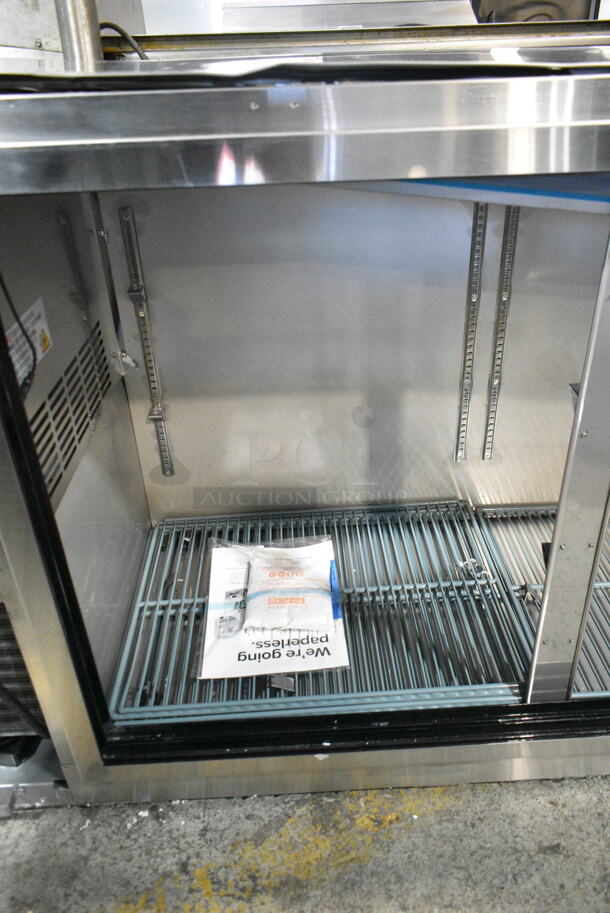 BRAND NEW SCRATCH AND DENT! 2024 Avantco 178UBB60SGTS 60" Stainless Steel Underbar Height Narrow Sliding Glass Door Back Bar Refrigerator with Galvanized Top and LED Lighting. Missing Doors. 115 Volts, 1 Phase. Cannot Test Due To Missing Power Components - Image 5 of 8