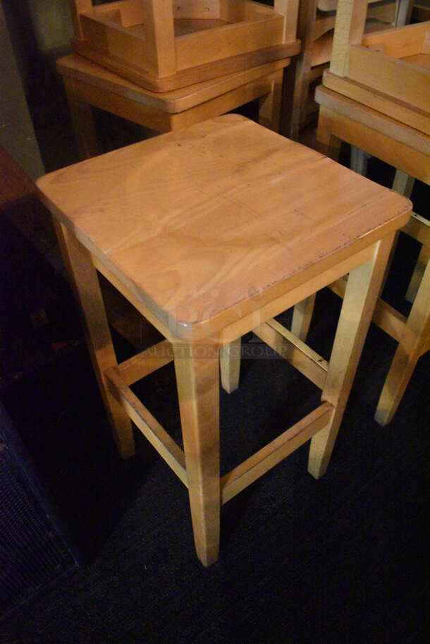 8 Wooden Bar Height Stools. BUYER MUST REMOVE. 16x16x30.5. 8 Times Your Bid! (Susquehanna Ale House)