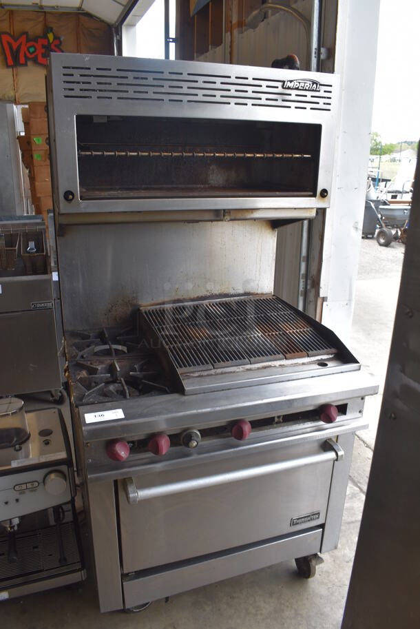 ThermaTek Stainless Steel Commercial Liquid Propane Gas Powered Charbroiler Grill w/ 2 Burner Range, Imperial Salamander Cheese Melter, Oven and Back Splash on Commercial Casters.