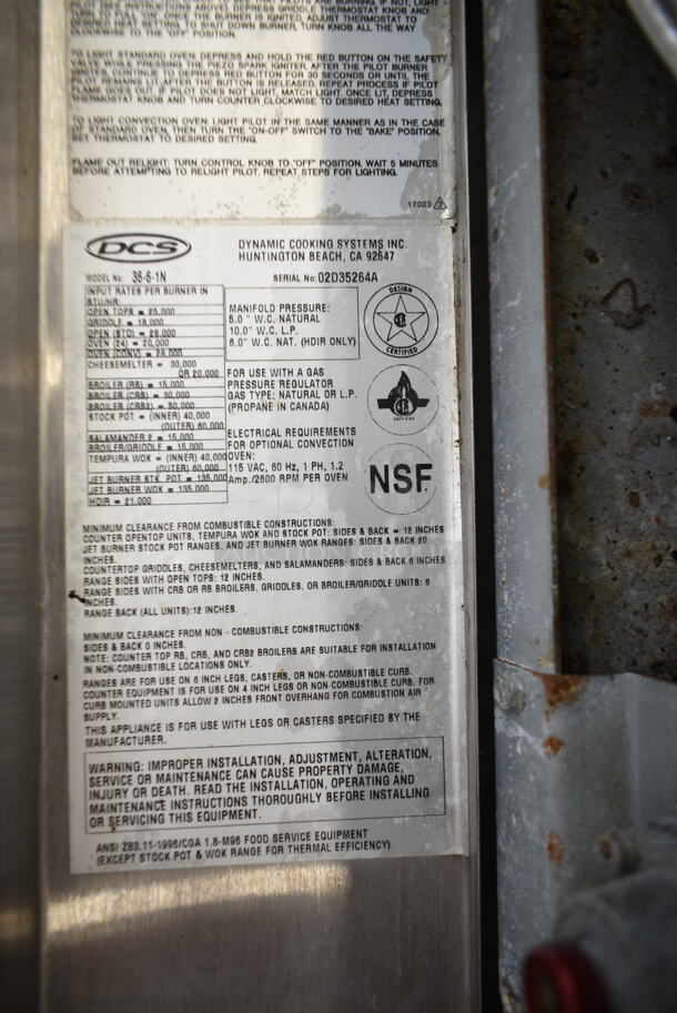 Dynamic Cooking Systems DCS 36-6-1N Stainless Steel Commercial Variable Gas Powered 6 Burner Range w/ Oven, Over Shelf and Back Splash.  - Image 7 of 7