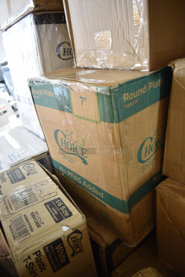 PALLET LOT of 39 BRAND NEW Boxes Including 127RD16COMBO Choice 16 oz. Customizable Microwavable Clear Round Deli Container and Lid Combo Pack - 250/Case, 128HD8COMBO ChoiceHD 8 oz. Microwavable Translucent Plastic Deli Container and Lid Combo Pack - 240/Case, 12 Queen Fitted Sheet, 2 Box 347TCL10 Choice 10 oz. Clear Disposable Plastic Tumbler - 500/Case, 433NHT101H Choice 1/6 Standard Size White "Thank You" Medium-Duty Plastic T-Shirt Bag - 1000/Case, 612P558 Choice 8" Clear Round Plastic Dome Lid - 500/Case, 130BSPOON Choice Medium Weight Black Plastic Teaspoon - 1000/Case, 2 Box 395RPO78 Choice 7" Plates, 5003DNAPRED Creative Converting 591031B Classic Red 3-Ply Paper Dinner Napkin - 250/Case, 66CL500 Greenprint Burger Box, 347RP9WHSS Visions Wave 9" White Plastic Plate - 180/Case, Choice Take Out Lids, Choice 2 oz Portion Cups, 500TW5 Choice 5 oz. Translucent Thin Wall Plastic Cold Cup - 2500/Case, 433SLINERBL Baker's Lane 16" x 24" Full Size Silicone Coated Parchment Paper Bun / Sheet Pan Liner Sheet - 1000/Case. 39 Times Your Bid! - Image 10 of 12