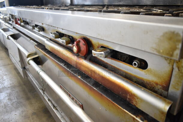 Vulcan Stainless Steel Commercial Natural Gas Powered 10 Burner Range w/ 2 Oven, Over Shelf and Back Splash.  - Image 2 of 7