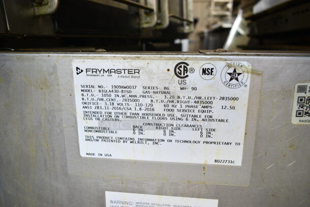 2019 Frymaster BIGLA430-8TSD Stainless Steel Commercial Natural Gas Powered 4 Bay Deep Fat Fryer w/ Filtration System on Commercial Casters. 105,000 BTU.  - Image 9 of 12