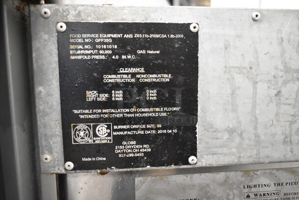 Globe GFF35G Stainless Steel Commercial Floor Style Natural Gas Powered Deep Fat Fryer. 90,000 BTU.  - Image 6 of 6