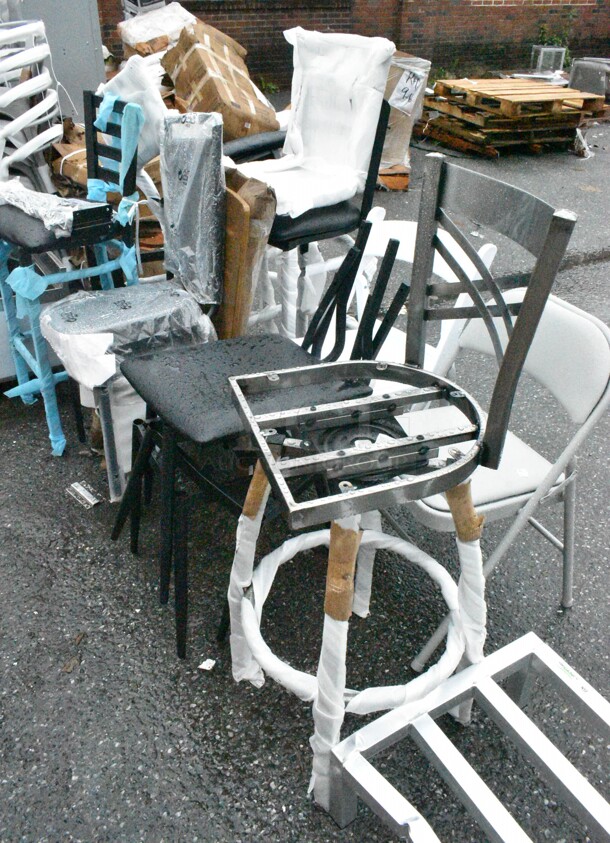 BRAND NEW SCRATCH AND DENT! Lot of Various Chairs Including Gray Bar Height Chair, Metal Chair Frame Pieces, White Folding Chair, Gray Folding Chair, Black Bar Height Chair. - Image 1 of 12