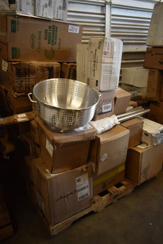 PALLET LOT of 35 BRAND NEW! Boxes Including 3 Box 26AT13H153 Delta Faucet T13H153 Universal Shower Head, Grab Bar, Lever Blade Handle, and Valve, C57PST1 Dart C57PST1 ClearSeal Hinged Lid Plastic Container 6" x 5 13/16" x 3" - 500/Case, 2 Box 129MCR24B Choice 24 oz. Black Round Microwavable Heavy Weight Container with Lid 7 1/4" - 150/Case, American Standard 6500175.002 Monterrey 0.5 GPM Deck-Mount Widespread Lavatory Faucet with 8" Centers, Cast Brass Spout, and Wrist Blade Handles, 80815759R Tablecraft 15759R 9" Red Plastic Diner Platter / Fast Food Basket with Base - 12/Pack, 2 Box 500LFLAT Choice Clear Flat Lid with Straw Slot - 9, 12, 16, 20, and 24 oz. - 1000/Case, 130WSPORK Choice Medium Weight White Plastic Spork - 1000/Case, 53004908, 245SSRSVGD3T Enjay .045-314RTBHGS 3 1/4" Silver and Gold Reversible Round Single Serve Dessert Board with Tab - 500/Case. 35 Times Your Bid!
