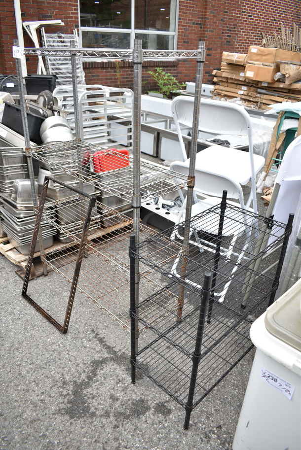2 Wire Shelving Units; Chrome Finish 4 Tier and Black 3 Tier. 23x13x31, 36x14x54.5. 2 Times Your Bid! BUYER MUST DISMANTLE. PCI CANNOT DISMANTLE FOR SHIPPING. PLEASE CONSIDER FREIGHT CHARGES. - Image 1 of 6