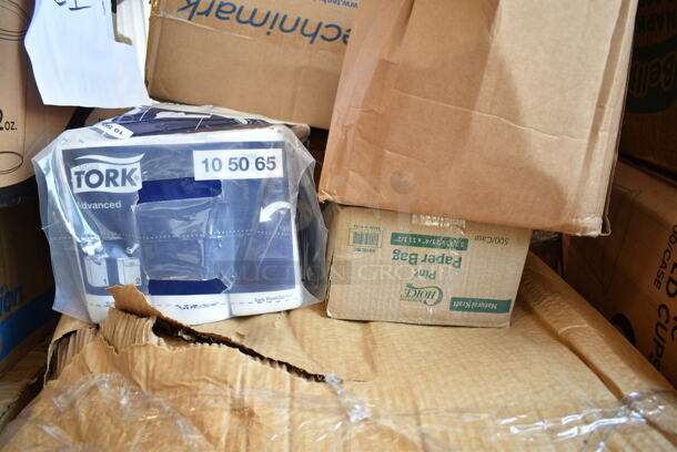 PALLET LOT of 32 BRAND NEW Boxes Including Choice 16 oz Paper Frozen Yogurt Cups, 500CC12HD 12 oz. Plastic Cold Cup - 1000/Case, 127RD16BULK Choice Microwavable Round Deli Container, 433L16C Choice Pint Size Natural Kraft Paper Bag - 500/Case, Dyson Purifier Filter, 164CUSHWGBK Lancaster Table & Seating Spartan Series 2 1/2" Black Vinyl Padded Seat for Chair and Barstool, 2 Box 5001RT800B Lavex 8" White Hardwound Paper Towel, 800 Feet / Roll - 6/Case, 186CVB4810 VacPak-It 186CVB4810 8" x 10" Chamber Vacuum Packaging Pouches / Bags 4 Mil - 1000/Case, Choice 1/6 Standard Size White "Thank You" Standard-Duty Plastic T-Shirt Bag - 700/Case, 347RP9WHSS Visions Wave 9" White Plastic Plate - 180/Case, 130HCUTWR Visions Individually Wrapped White Heavy Weight Plastic Fork - 1000/Case. 32 Times Your Bid! - Image 6 of 12
