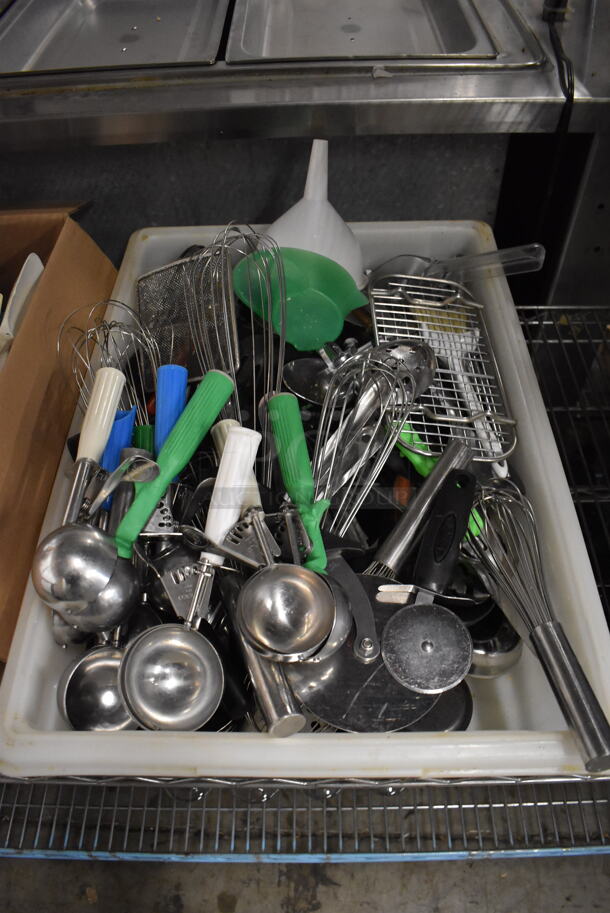 ALL ONE MONEY! Lot of Various Metal Utensils Including Scoopers, Whisks in Poly Bin