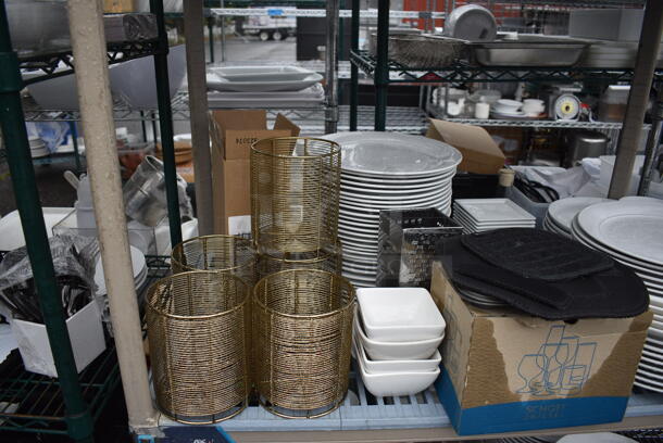 ALL ONE MONEY! Lot of 4 Tiers of Various Smallwares Including White Ceramic Dishes, Metal Stock Pots, Drop In Bins. Does Not Include Shelving Unit - Image 5 of 8