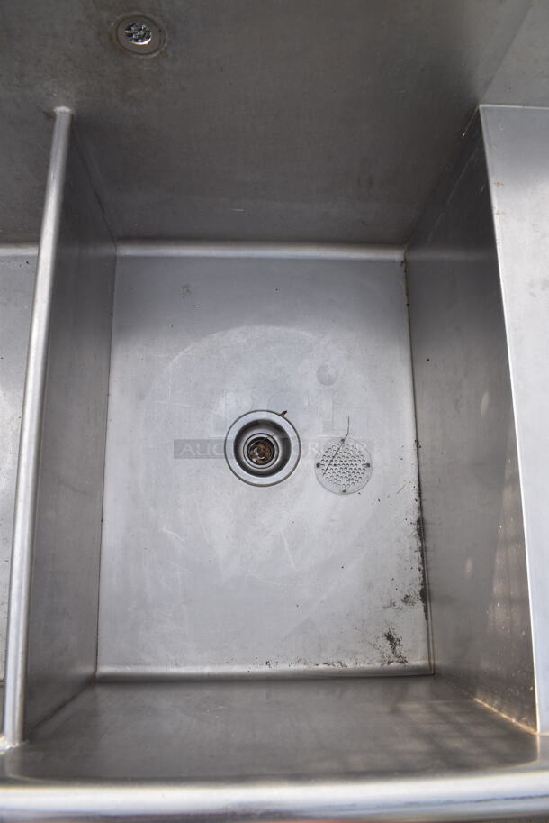 Stainless Steel Commercial L Shaped 3 Bay Sink w/ Dual Drain Board. No Legs. Bays 26x26x13, 18.5x21x13. Drain Boards 19.5x26 - Image 4 of 7
