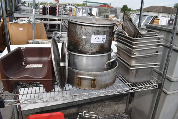 ALL ONE MONEY! Metro Shelf Lot Including Stainless Steel Drop In Bins, Child Seat, Pots, Pans and Lids, Metal and Poly Trays and MORE. Includes 3 Tier Shelving Unit! BUYER MUST DISMANTLE. PCI CANNOT DISMANTLE FOR SHIPPING. PLEASE CONSIDER FREIGHT CHARGES. - Image 3 of 5