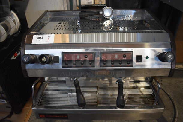 Venezia Grindmaster Model ESP2 Stainless Steel Commercial Countertop 2 Group Espresso Machine w/ 3 Portafilters and 2 Steam Wands. 220-240 Volts, 1 Phase. 28x22x22