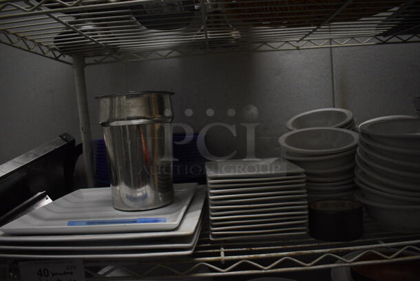 White Finish 5 Tier Shelving Unit w/ Contents Including White Ceramic Dishes, Baskets, Utensils. 48x18x74. BUYER MUST REMOVE. BUYER MUST DISMANTLE. PCI CANNOT DISMANTLE FOR SHIPPING. PLEASE CONSIDER FREIGHT CHARGES. (kitchen) - Image 4 of 11