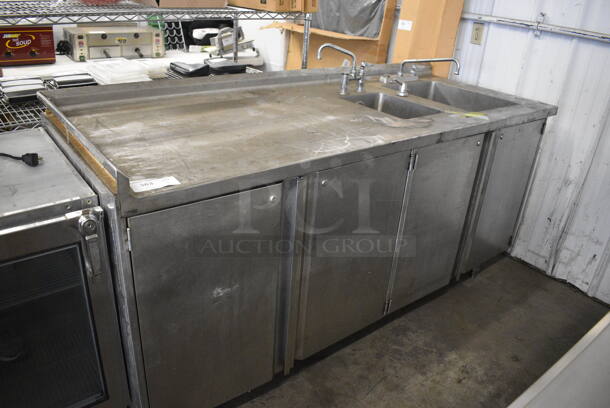 Stainless Steel Commercial Counter w/ 2 Sink Basins, 2 Faucets, 2 Handles and 4 Doors. 78x30x40