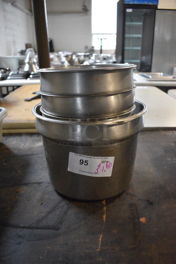 4 Various Stainless Steel Cylindrical Drop In Bins. 9.5x9.5x8.5, 11.5x11.5x8.5. 4 Times Your Bid!