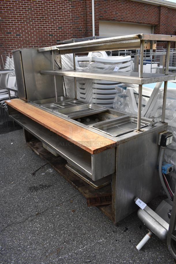 Stainless Steel Commercial Steam Table w/ Cutting Board, Cabinet, 2 Over Shelves and Under Shelf. 90x32x64