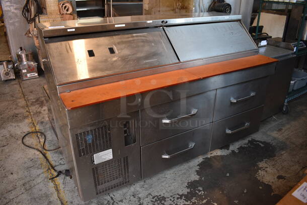 Stainless Steel Commercial Sandwich Salad Prep Table Bain Marie Mega Top w/ 4 Drawers on Commercial Casters. 72x35x47.5. Tested and Powers On But Does Not Get Cold