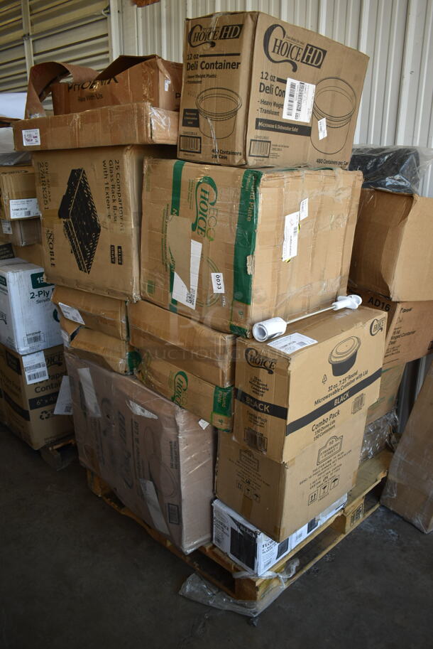PALLET LOT of 26 BRAND NEW! Boxes Including 129MCR32B Choice 32 oz. Black Round Microwavable Heavy Weight Container with Lid 7 1/4" - 150/Case, WM-16-BLSH 10 Strawberry St - Pale Blush 16 pc dinner set, 3 Box 347SP6BK Visions Florence 6" Square Black Plastic Plate - 120/Case, 395TO961 EcoChoice 9" x 6" x 3" Compostable Sugarcane / Bagasse 1 Compartment Take-Out Container - 200/Case, Genpak Deli 16 oz Hinged Container, 128HD12BULK ChoiceHD 12 oz. Microwavable Translucent Plastic Deli Container - 480/Case, San Jamar KM2100B Tuf-Mat 3' x 5' Black Grease-Resistant Bagged Floor Mat - 1/2" Thick, 129MCS28W Choice 28 oz. White 8 3/4" x 6 1/4" x 1 3/4" Rectangular Microwavable Heavy Weight Container with Lid - 150/Case, 274RK251 Noble Products 25-Compartment Gray Full-Size Glass Rack with 1 Blue Extender, 3 Box 395RP09PF EcoChoice No PFAS Added 9" Natural Bagasse Blend Plate - 500/Case, 2 Box 128HD8COMBO ChoiceHD 8 oz. Microwavable Translucent Plastic Deli Container and Lid Combo Pack - 240/Case, Choice 7 oz. Translucent Thin Wall Plastic Cold Cup - 2500/Case. 26 Times Your Bid! - Image 1 of 9