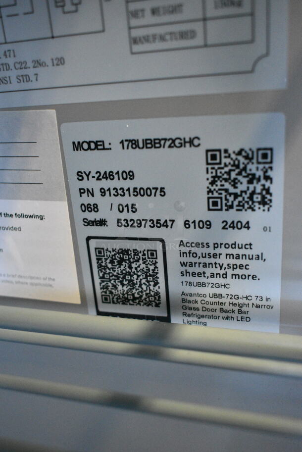 BRAND NEW SCRATCH AND DENT! 2024 Avantco 178UBB72GHC Stainless Steel Commercial 73" Black Counter Height Narrow Glass Door Back Bar Refrigerator with LED Lighting. See Pictures for Broken Glass. 115 Volts, 1 Phase. Tested and Working! - Image 7 of 8