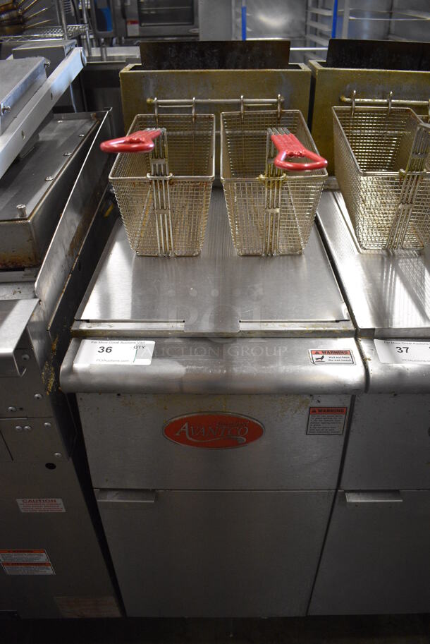 2019 Avantco Model FF400-P Stainless Steel Commercial Floor Style Propane Gas Powered Deep Fat Fryer w/ 2 Metal Fry Baskets. 120,000 BTU. 15.5x30.5x47