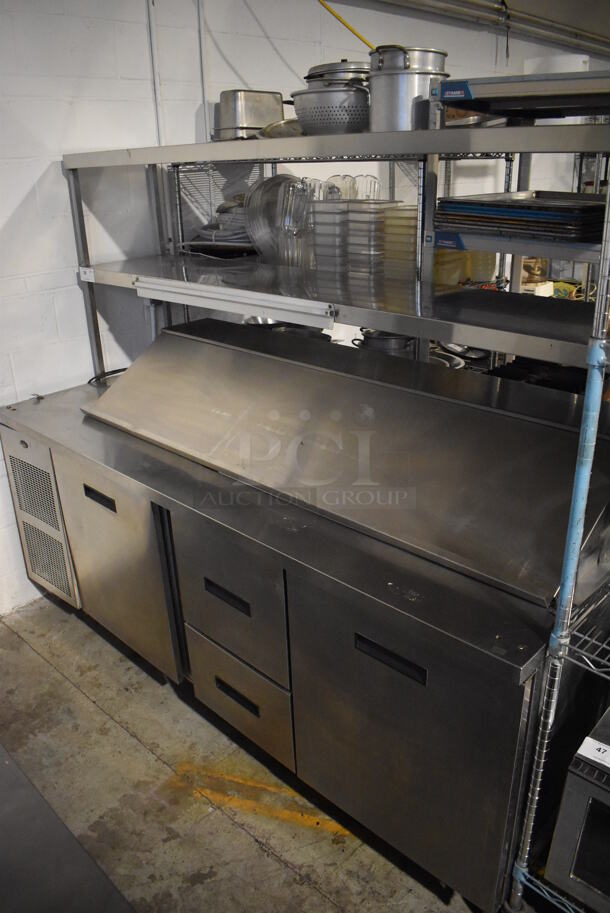 Randell 9050K-7M Stainless Steel Commercial Sandwich Salad Prep Table Bain Marie Mega Top w/ 2 Drawers, 2 Doors and Double Over Shelf on Commercial Casters. 115 Volts, 1 Phase. 84x33x68.5. Tested and Working!