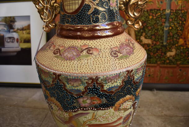 Ornate Multicolored Vase w/ Floral Motif Featuring a Bird in Flight. - Image 7 of 10