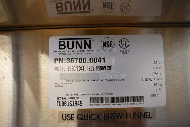 BRAND NEW! Bunn Model TB3Q/TD4T Stainless Steel Commercial Countertop Iced Tea Machine w/ Beverage Holder Dispenser and Poly Brew Basket. 120 Volts, 1 Phase. 12x24x34 - Image 4 of 6