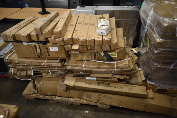 PALLET LOT of 49 BRAND NEW IN BOX! Table Parts Including 24 164TCLWDWL30 Standard Height Post Antique Walnut, 2 Table Base Plate 22x30, 2 164STBCOL425 Lancaster Table & Seating 25