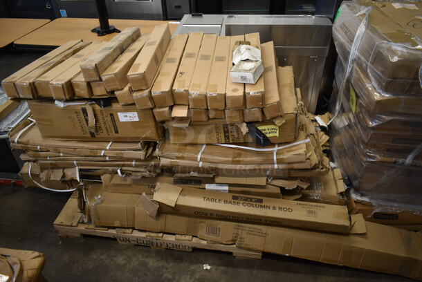PALLET LOT of 49 BRAND NEW IN BOX! Table Parts Including 24 164TCLWDWL30 Standard Height Post Antique Walnut, 2 Table Base Plate 22x30, 2 164STBCOL425 Lancaster Table & Seating 25" x 4" Standard Height Table Base Column for Stamped Steel Line, 12 Round Base 30x30, 2 164TCOLRD437 Lancaster Table & Seating 37 1/2" x 4" Bar Height Table Base Column and Rod, 5 Connector Bar Height 30x96, 2 Connector Bar Height 30x72. - Image 1 of 9