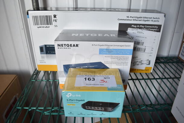 3 Various BRAND NEW IN BOX! Items; TP Link 5 Port Gigabit Desktop Switch, Netgear 8 Port Gigabit Ethernet Unmanaged Switch and Netgear 16 Port Gigabit Ethernet Switch. 3 Times Your Bid!