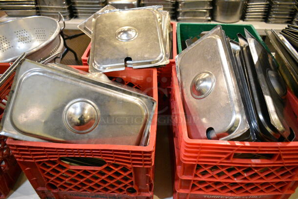ALL ONE MONEY! Lot of Various Items Including Stainless Steel Drop In Bin Lids, Sifter, Colanders, Bowls, Poly Lids. Does Not Include Table. (main dining room) - Image 3 of 4
