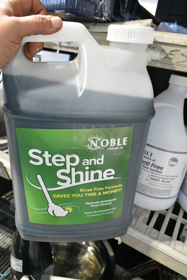 4 BRAND NEW SCRATCH AND DENT! Items Including Noble Chemical 2.5 Gallon / 320 oz. Step & Shine Concentrated Floor Cleaner Jug and 3 Noble Chemical 1 Gallon / 128 oz. Bacti-Free Concentrated Third Sink Sanitizer. 4 Times Your Bid!  - Image 3 of 6