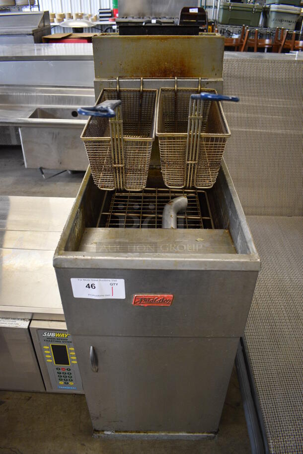 2018 Pitco Frialator Model 40S Stainless Steel Commercial Floor Style Natural Gas Powered Deep Fat Fryer w/ 2 Metal Fry Baskets. 105,000 BTU. 15.5x30x48