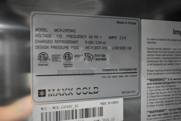 BRAND NEW SCRATCH AND DENT! 2021 Maxx Cold MCR-23FDHC Stainless Steel Commercial Single Door Reach In Cooler w/ Poly Coated Racks and Commercial Casters. 115 Volts, 1 Phase. Tested and Working! - Image 6 of 6