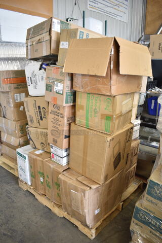 PALLET LOT of 26 BRAND NEW Boxes Including 795KFT4PL4 EcoChoice 4 oz. Round Kraft Bio-Lined Compostable Take-Out Container 3" x 1 13/16" - 1000/Case, 500TO883 Choice 8" x 8" x 3" Microwaveable 1-Compartment Black / Clear Plastic Hinged Container - 100/Case, 347SPBD6WHRG Visions 6" Square White Plastic Plate with Rose Gold / Copper Bands - 120/Case, 500LFLAT Choice Clear Flat Lid with Straw Slot - 9, 12, 16, 20, and 24 oz. - 1000/Case. 56744A Compact Toilet Paper Dispenser, 130BKSSPOONWX Choice Black Extra Heavy Weight Wrapped Plastic Soup Spoon - 1000/Case, 5008C Choice 8 oz. Tall Coffee Print Poly Paper Hot Cup - 1000/Case, 500CC20 Choice Clear PET Customizable Plastic Cold Cup - 20 oz. - 600/Case, 5002DNAP Choice White 2-Ply Dinner Napkin 17" x 15" - 3000/Case, 2 Box 795KFT4PLA EcoChoice 4 oz. Round Kraft Bio-Lined Compostable Take-Out Container 3" x 1 13/16" - 1000/Case, 433NHT006 Choice Extra Large Size Grey "Thank You" Medium-Duty Plastic T-Shirt Bag - 450/Case, 346WKFSNSPM Choice White Medium Weight Wrapped Plastic Cutlery Pack with Napkin and Salt / Pepper Packets - 500/Case, 2 Box Dispenser Napkins, 760IC08W Choice 8 oz. White Paper Frozen Yogurt / Food Cup - 1000/Case. 26 Times Your Bid!