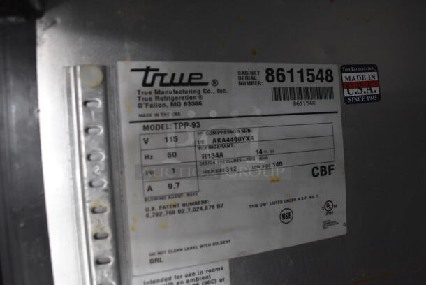 True TPP-93 Commercial Stainless Steel Pizza Prep Table With 2 Over shelves And Steel Racks on Commercial Casters. 115V/ 1 Phase. Tested And Working - Image 9 of 9