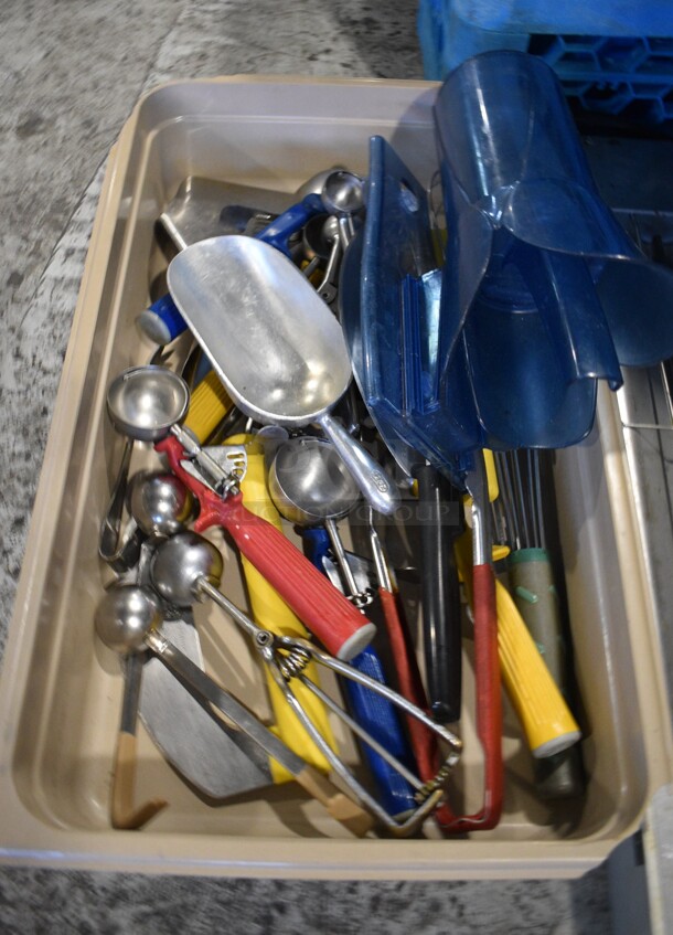ALL ONE MONEY! Lot of Various Utensils Including Blue Poly Ice Scoop in Holder, Scoopers and Whisk in Tan Poly Full Size Drop In Bin!