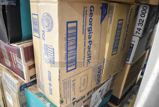 PALLET LOT of 64 BRAND NEW Boxes Including Tork 552120 Towel Dispenser, Tork 473200 Toilet Paper Dispenser, Georgia Pacific 59206 Toilet Paper Dispenser, Twin Toilet Tissue Dispenser, Tork 93T Towel Dispenser, Tork 302030 Towel Dispenser, Georgia Pacific 59210 Toilet Paper Dispenser, Kimberly Clark 0955101 Dispenser, Purell White Soap Dispenser, Sterno Green Wick Chafing Dish Fuel, Kimberly Clark 48857 Dispenser, Bed Risers. 64 Times Your Bid! - Image 6 of 12