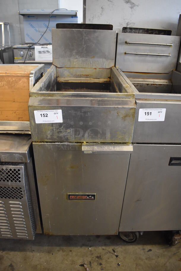 Tri Star Stainless Steel Commercial Floor Style Natural Gas Powered Deep Fat Fryer on Commercial Casters. 