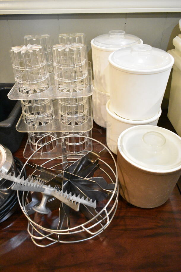 Wood Pattern Dining Height Table w/ Contents Including Utensils, Cups, Poly Cylindrical Drop Ins, Pie Cutters. (main dining room) - Image 3 of 4