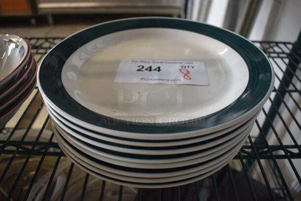 8 White Ceramic Plates w/ Green Line on Rim. 10x10x1. 8 Times Your Bid!