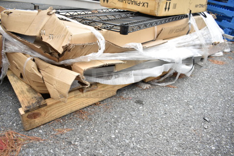 ALL ONE MONEY! PALLET LOT of BRAND NEW SCRATCH AND DENT! Items Including Regency 600T1872G 18" x 72" 18-Gauge 304 Stainless Steel Commercial Work Table with Galvanized Legs and Undershelf, Regency 600SALSTAND Salamander Broiler Stand. May Be Missing Pieces. 