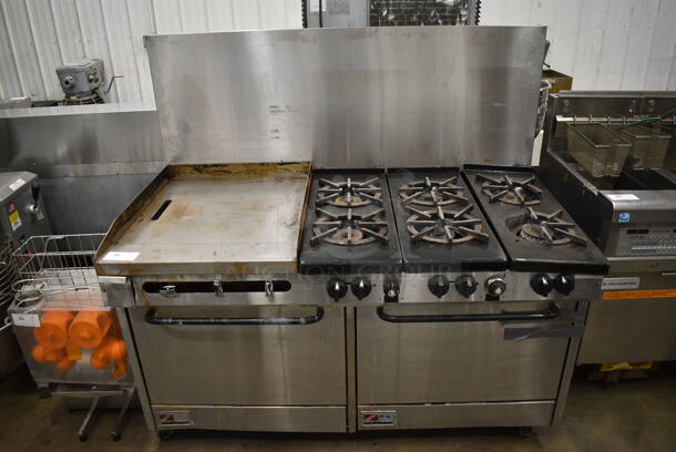 Southbend Stainless Steel Commercial Natural Gas Powered 6 Burner Range w/ Flat Top Griddle, 2 Ovens, Over Shelf and Back Splash on Commercial Casters. 61x32x58