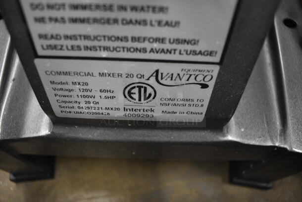 Avantco MX20 Metal Commercial Countertop 20 Quart Planetary Dough Mixer w/ Stainless Steel Mixing Bowl, Bowl Guard, Dough Hook, Paddle and Whisk Attachment. 120 Volts, 1 Phase. 18x20x32. Tested and Working! - Image 6 of 6