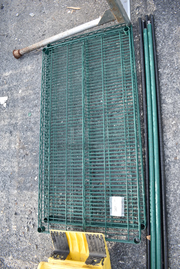 ALL ONE MONEY! Lot of 2 Green Finish Wire Shelves and 6 Poles. 48x24x1.5 - Image 5 of 5